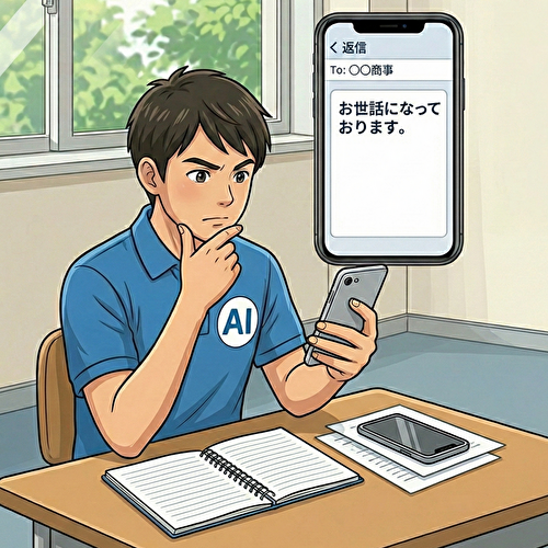 スマホをメールの文面を考えるAI(男性に扮する)