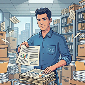 探し出した資料を誇らしげに見せるAI(男性に扮する)