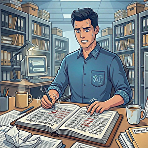 データの修正をノートに書き記すAI(男性に扮する)